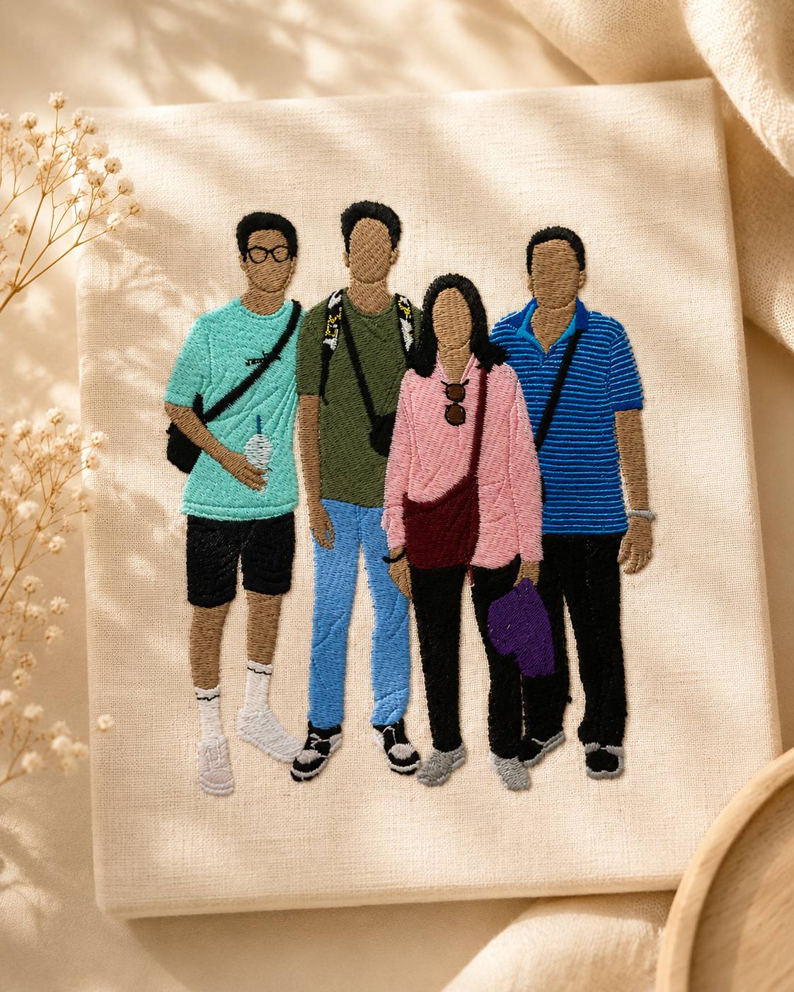 Family portrait embroidery on cream fabric