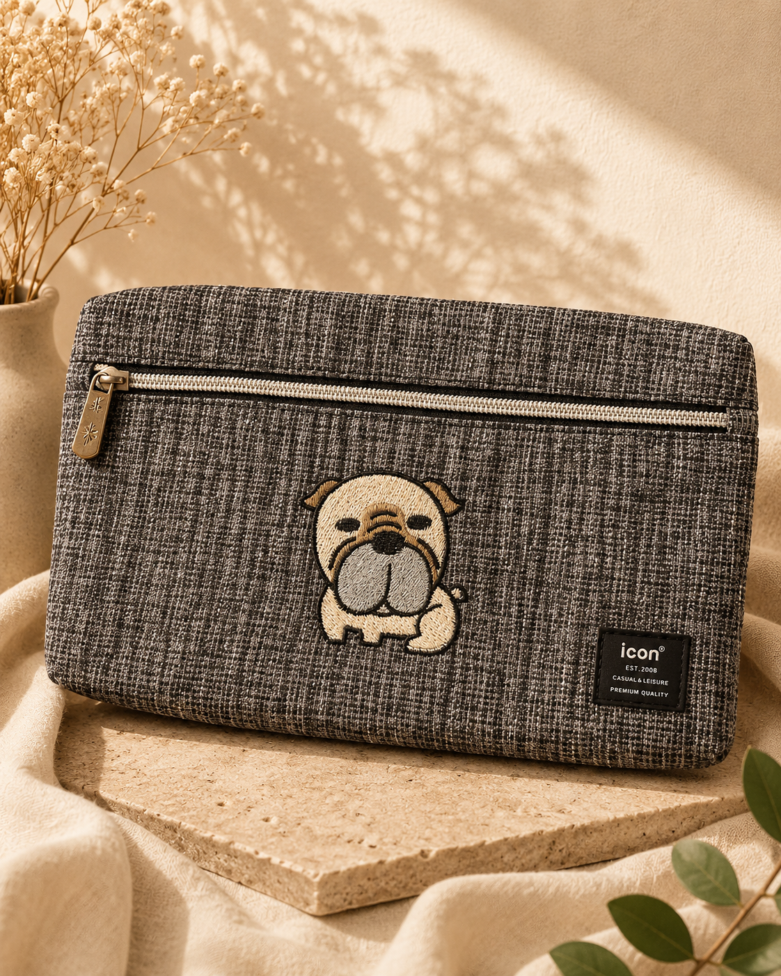 Grey pouch with dog embroidery